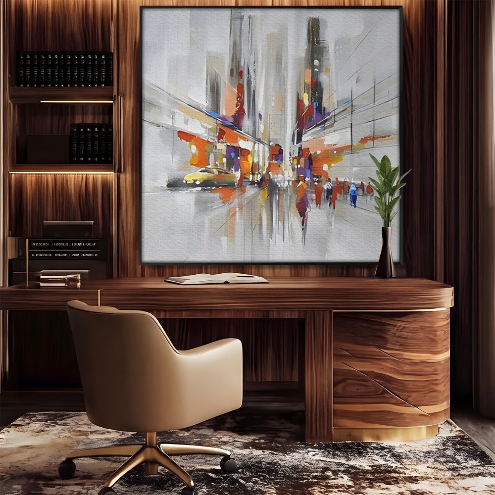 Tablou canvas cu pictura abstracta cu peisaj urban, in rama de aluminiu negru, pe perete intr-un birou